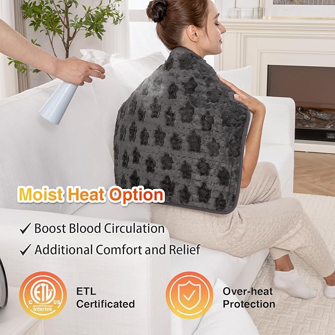 Woomer Faux Fur Electric Heating Pad for Back Pain Relief, Extra Large 20” x 24”, Extended Coverage from Neck to Hip, Two-Sided, Moist Mode, ETL Certified, 6 Adjustable Heats & 2H Auto-Off,Grey