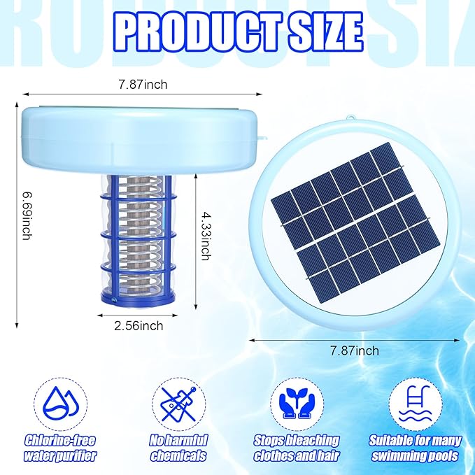 Qualirey Solar Pool Ionizer Automatic Floating Pool Cleaner, Water Ionizer with 4 Pcs Scum Collection Ball, for Above Ground and Inground Pools, up to 35, 000 Gallons (Blue,7.9 Inch)