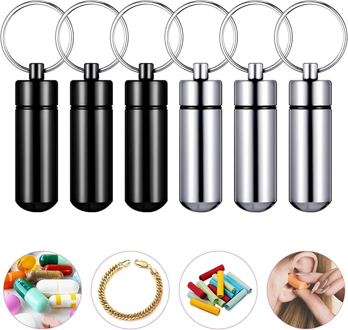 Patelai 12 Pcs Portable Keychain Pill Holder Mini Pocket Pill Case for Men Women Aluminum Geocache Containers Waterproof Metal Medicine Bottle Organizer for Outdoor Camping Travel(Black and Silver)