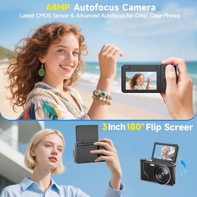 4K 64MP Digital Camera with 3" 180° Flip Screen, 2026 Latest Autofocus Vlogging Photography Camera for YouTube, 18X Digital Zoom Compact Travel Cameras with 64GB SD Card for Beginner (Black)