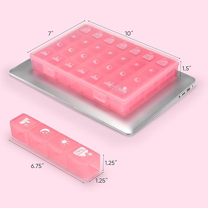 Fullicon Extra Large Weekly Pill Organizer 4 Times a Day, XL Large Pill Box, 7 Day Medicine Organizer, Pill case for Vitamin/Fish Oil/Supplements (Pink)