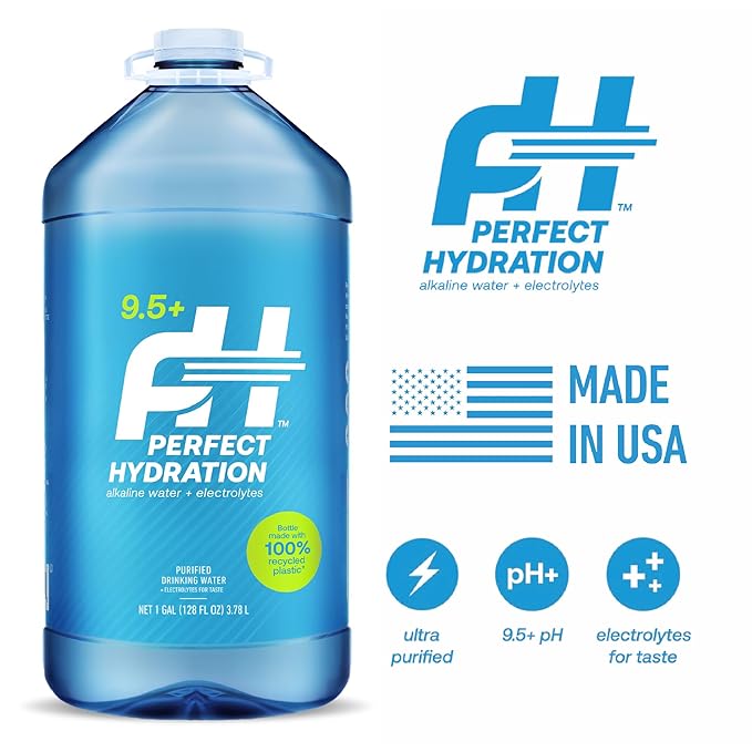 Perfect Hydration 9.5+ pH Alkaline Drinking Water, Electrolyte Minerals for Taste, Made in the USA, 1 Gallon (128 fl oz) Jug, Case of 4
