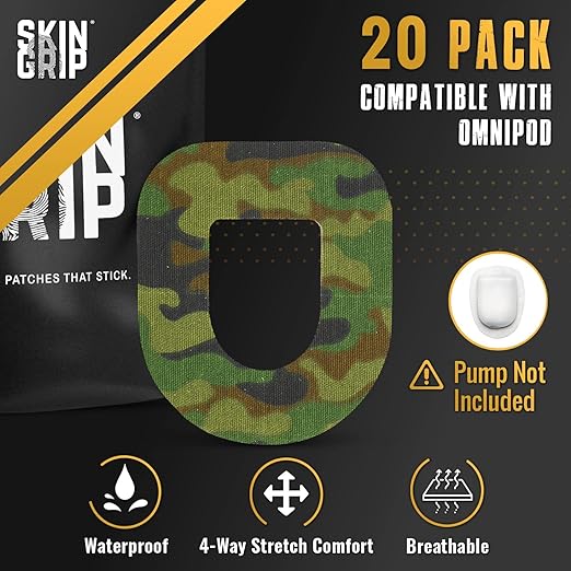 Skin Grip Insulet Omnipod 5 Adhesive Patches Waterproof & Sweatproof (Also Fits Omni pod Dash), Pre-Cut Medical Tape, Ultimate Insulin Pump Protection, Diabetic Sensor Covers, 20-Pack, Camo