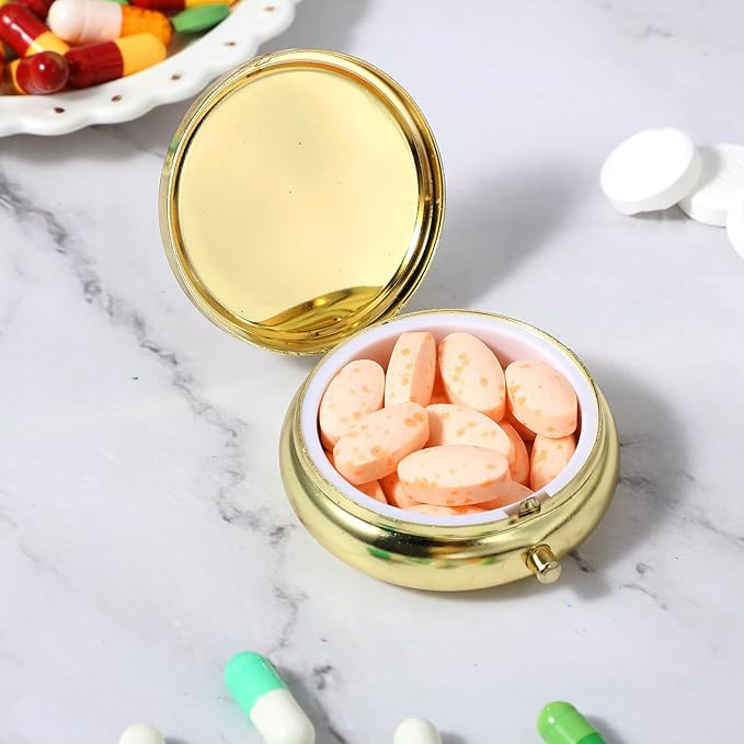 Sibba Portable Medicine Pill Case, Travel Multi-Functional Moisture Proof Pill Box for Purse & Pocket, Cute Metal Medicine Pill Organizer Box for Vitamins, Fish Oil & Supplements (Gold)