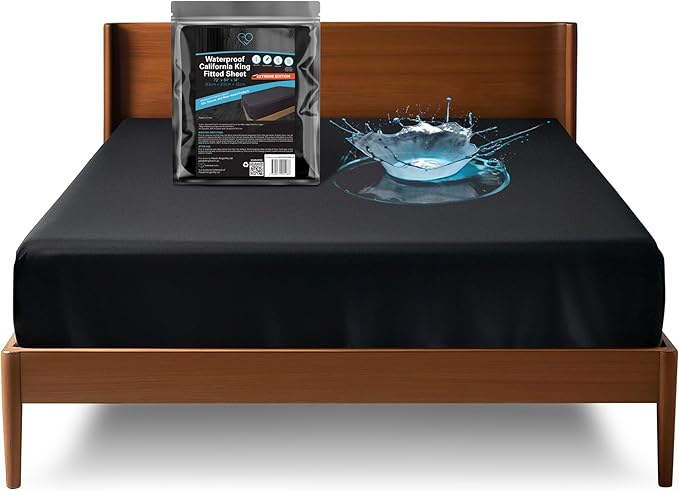 Extreme California King Waterproof Fitted Sheet, 14'' Deep Pocket, 100% Black Mattress Protector, Safe with Oil, Water-Based, & Silicone Massage Products, Machine Washable, Noiseless, Hypoallergenic