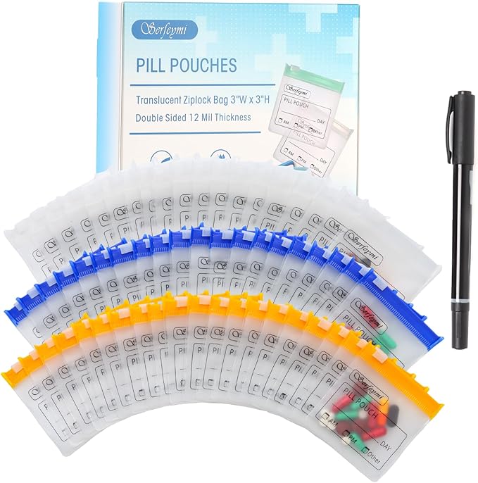 Serfeymi 114 Pcs Pill Pouch Bags for Travel Reusable Plastic Bags 3"x3" 12 mil (Double Sided) Translucent Zipper Pill Pouches for Medicine with Slide Lock & Writable Label, 1x Marker-White+Blue+Yellow