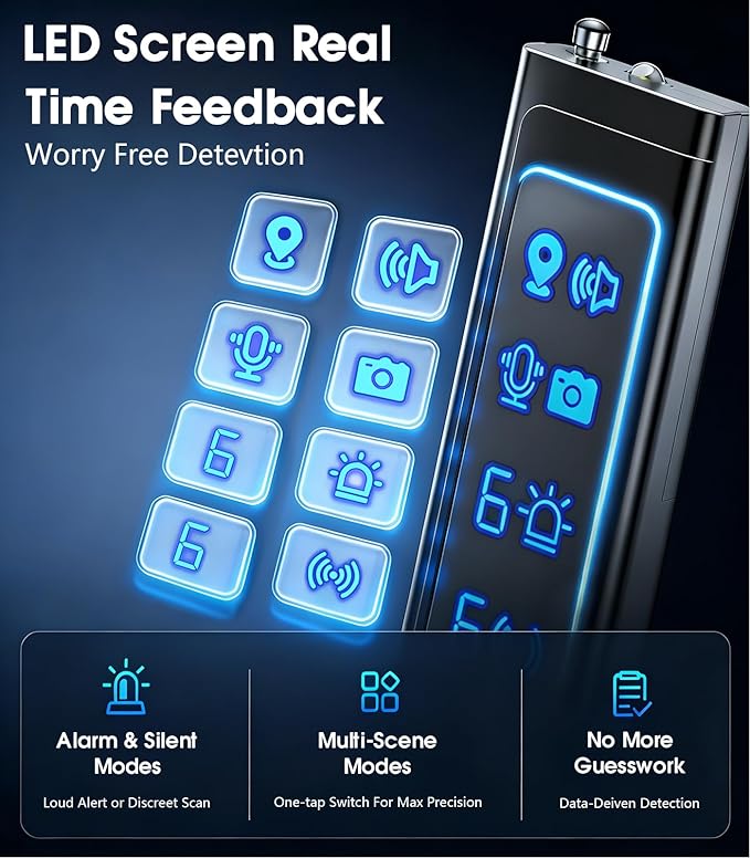 AI Hidden Camera Detector,High Precision Bug & WiFi Scanner Finder,All in One Hidden Devices Detector with 6 Sensitivity Levels & 4 Detection Modes,GPS Trackers for Hotel,Bathroom,Office,Car&Travel