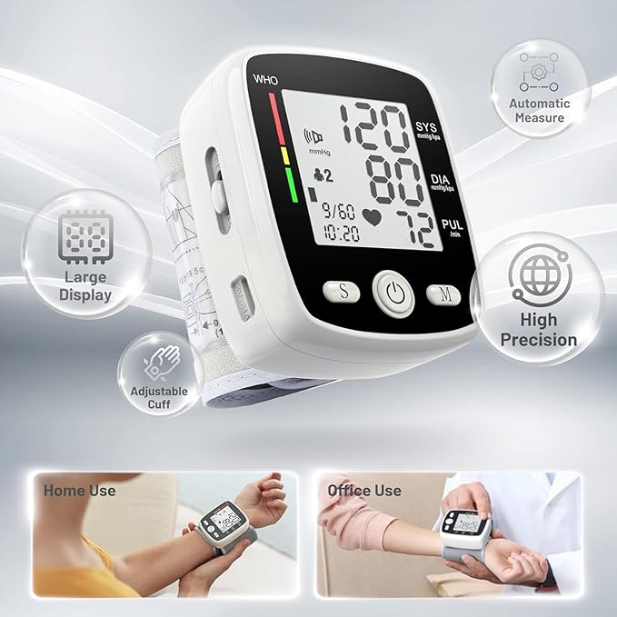 Blood Pressure Monitor Digital Wrist BP Machine Automatic BP Cuff (5.3 to 7.7 in) with 2 Users 180 Memory Voice Large LCD Display Adjustable Cuff USB Charging Carrying Case, Black