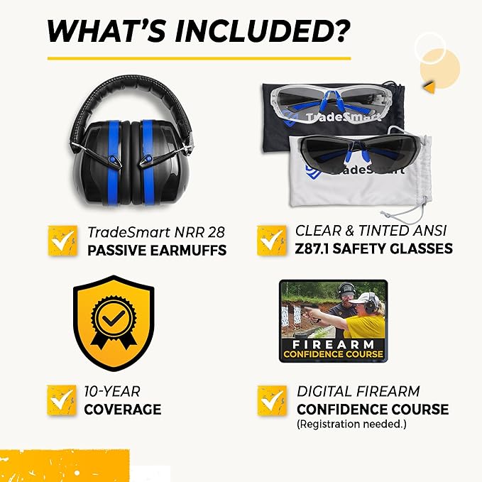 TradeSmart High-Performance Earmuffs for Shooting Range & Shooting Eye Protection Glasses + Firearm Confidence Course