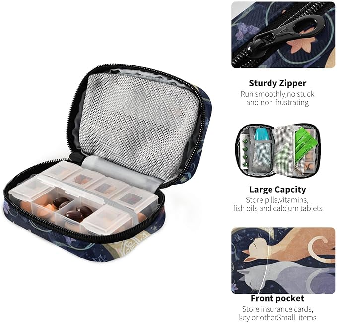 Pill Organizer Box Case Container Weekly Travel Daily 7 Day Pill Dispenser Sorter Vitamin Holder Medication Medicine Organizer Pill Case for Purse Small Compact Portable Cute Cat