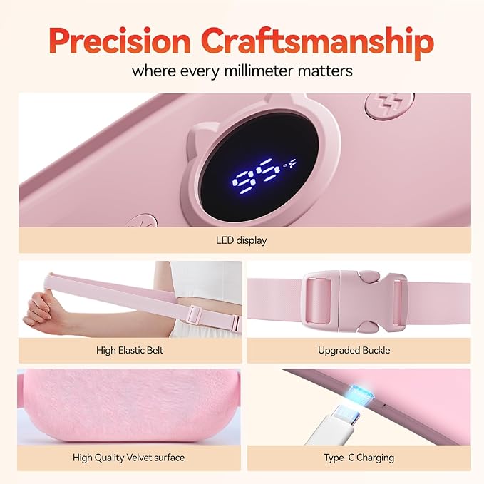 Portable Heating Pad for Period Cramps Relief Vibrating Menstrual Heating Belt for Women, 5000mAh with 7 Heat Levels and 7 Modes for Menstrual, Pain Relief for Back & Stomach - Pink
