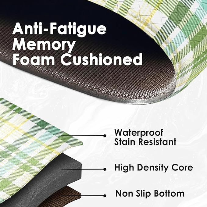 Arttown Green Anti-Fatigue Kitchen Rug Set of 2 Beige Plaid Cushioned Floor Standing Mat Waterproof Non-Slip Mat and PVC Ergonomic Comfort Foam Rug