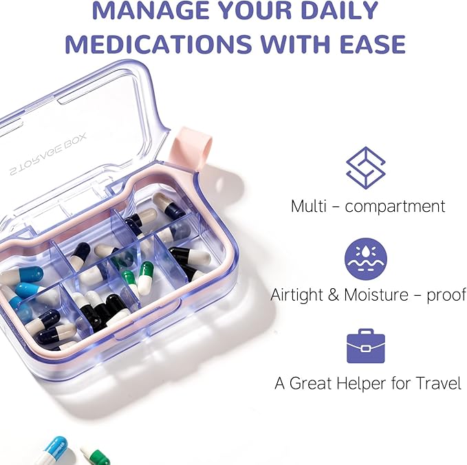 New Weekly Pill Organizer, Moisture-Proof Storage Case, Daily Travel Pill Storage Container, Travel Pill Box – Suitable for Vitamins, Dietary Supplements & Fish Oil(Purple)