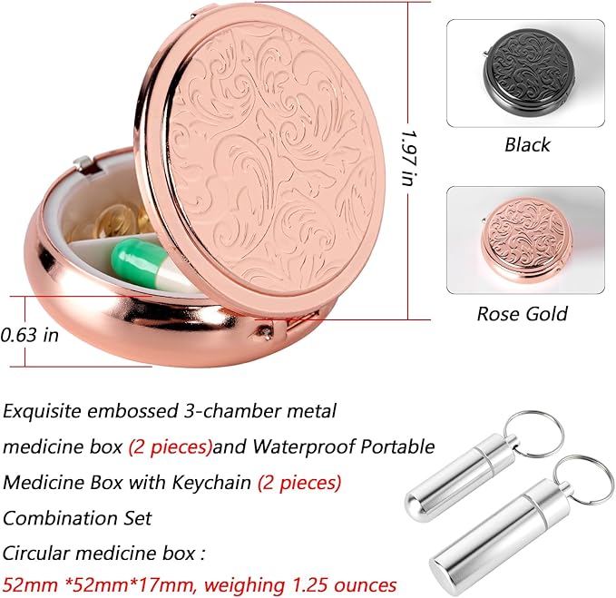 Pill Box 3 Compartment Pockets or Wallet Pill Case (2 Pieces) with Waterproof Keychain Portable Medicine Box (2 Pieces) - Small Travel Daily Vitamin Tissue Metal Pill Box (Black+Rose+Silver)