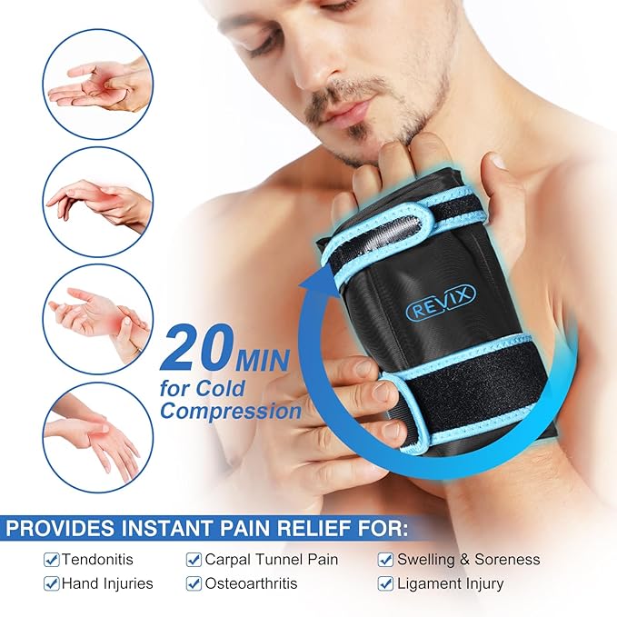 REVIX Hand Ice Pack Wrap for Discomfort Reducing, Reusable Gel Ice Pack for Wrist Relaxation, Promoting Flexibility and Mobility by Cold Compression Therapy, Black