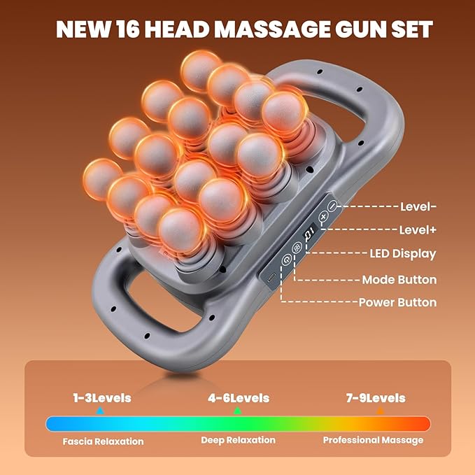 16 Head Massage Gun for Athletes, Deep Tissue Percussion Massager with 9 Modes & Levels - Portable Muscle Pain Relief for Back, Neck, Shoulders, Legs & Full Body