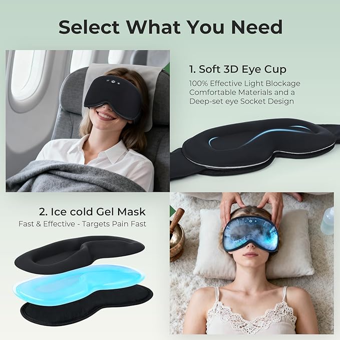 2 in 1 Smart Bluetooth Bamboo Cotton Sleep Mask Headphones, 3D Weighted Compress Cooling Gel Eye Mask 100% Blackout Sleep Mask Zero Eye Pressure|Warm&Cooling mask Hot Cold Therapy Sleep Headphones
