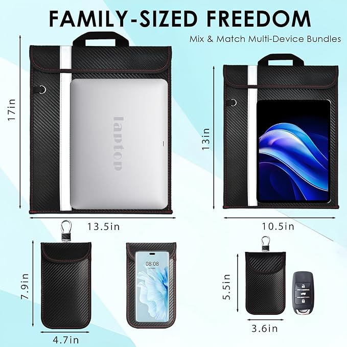 Faraday Bags Emp Protection, Anti-Tracking Bags-5 Pack for Phones & Tablets & Laptops & Car Keys, RFID Faraday Bag Emp Proof, Carbon Fiber Large Faraday Pouch with Handle