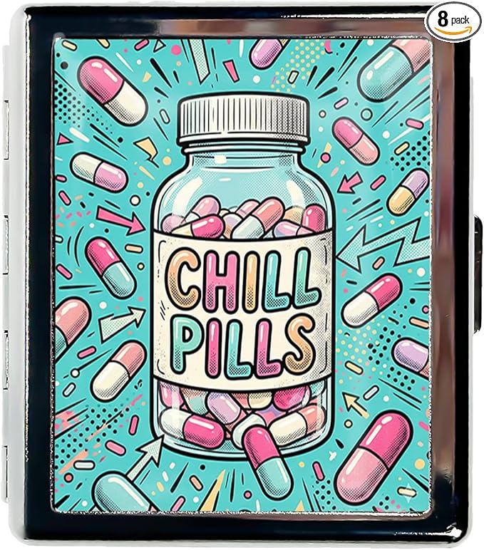 Metal 7 Day Pill Organizer, Cute Small Weekly Pill Case with 8 Compartments for Travel, Moisture-Proof Medicine Holder for Purse, Compact Daily Vitamin Box (Chill Pills)