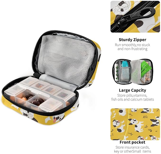 Pill Organizer Box Case Weekly Travel Pill Container Holder 7Day Cute Vitamin Organizer Dispenser Sorter Planner Storage Small Compact French Bulldog Banana Happy Yellow12