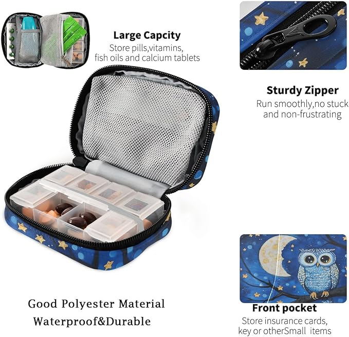 Fustylead Owl Birds on Branch in Night Sky Oil Painting Travel Pill Case Bag with Zipper Weekly Pill Box 8 Compartments 7 Day Personal Pill Case Purse Medicine Case Organizer