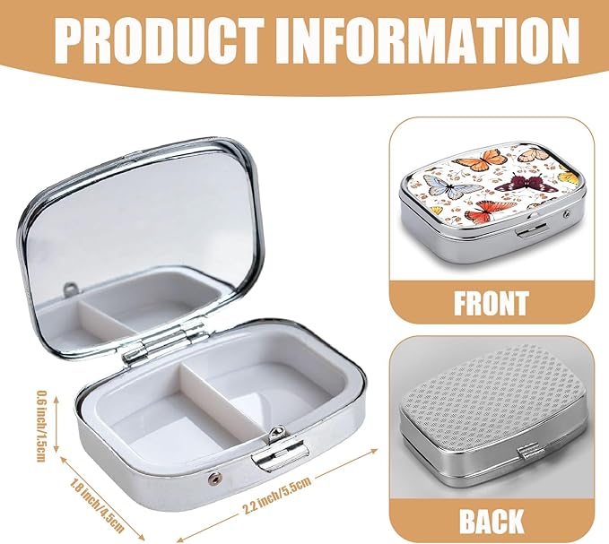 Pill Box-2 Compartment Small Pill Case Square Organizer Case with Mirror Portable Metal Medicine Box Travel Container for Pocket & Purse Women Men（Butterfly）