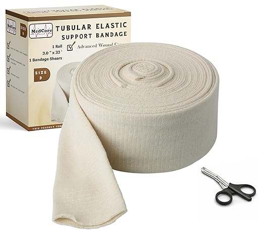 Tubular Compression Bandage Size D (3” x 33 ft) – Elastic Stockinette Support Sleeve for Elbow, Leg, Calves, Bicep & Arm – Cut-to-Fit, Washable Reusable, No Pins/Tape – Plus Medical Scissors