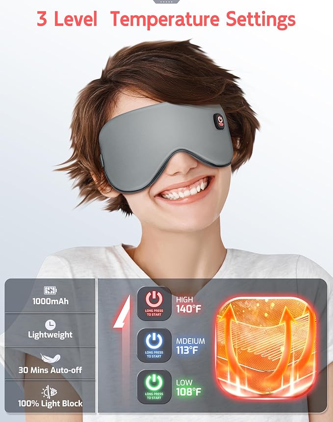 Heated Eye Mask-Cordless Warm Eye Compress Heated Eye Mask for Dry Eyes, Blepharitis,Light Blocking Heat Eye Mask for Men Women, Electric Warm Eye Mask for Airplane Sleeping for Travel (Gray)