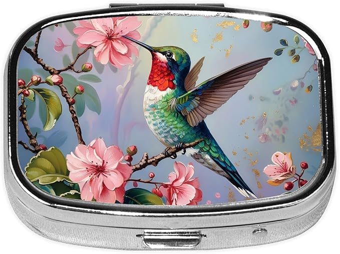 Hummingbird Pill Box 2 Compartment Small Pill Case,Portable for Pocket or Purse Pill Organizer Pill Container Holder with Mirror to Hold Vitamins, Medication, Fish Oil and Supplements