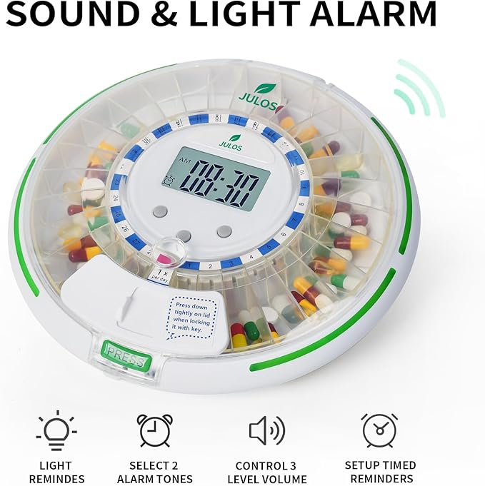 JULOS Locked Automatic Pill Dispenser with Sound & Light Alerts for Elderly, 28-Day Electronic Medication Organizer, up to 6 Alarms/Day, 6 Dosage Rings, Pill Dispenser for Vitamins & More, Clear Lid