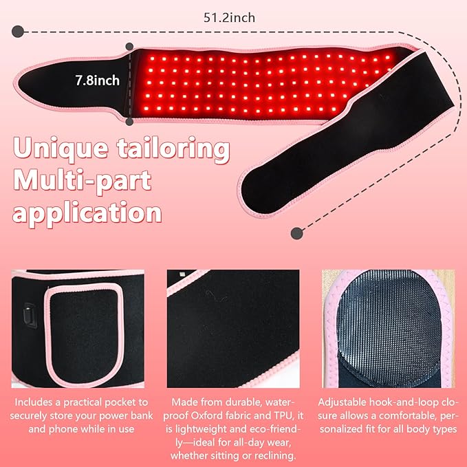 Red Light Therapy Belt with 105 Advanced 3-in-1 LEDs - Portable 660nm & 850nm for Back/Abdomen, Waist Wrap with Rhythm Mode y Timer& Body - Red Light Therapy Waist Adjustable Heat y Dual-Power Ready