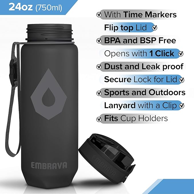 Embrava 24 oz Water Bottle with Time Marker - BPA Free Motivational Sports Bottle - Leak Proof Flip Top Lightweight Tritan Plastic - Gym School Office Hiking - Time Marked Water Bottles for Women Men