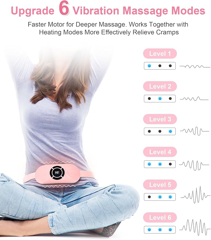 Portable Cordless Heating Pad for Period Cramps, Voice Reminder Menstrual Heating Pad with 6 Heat Levels and 6 Massage Modes, 3s Fast Heating, Gifts for Women Girls, Pink