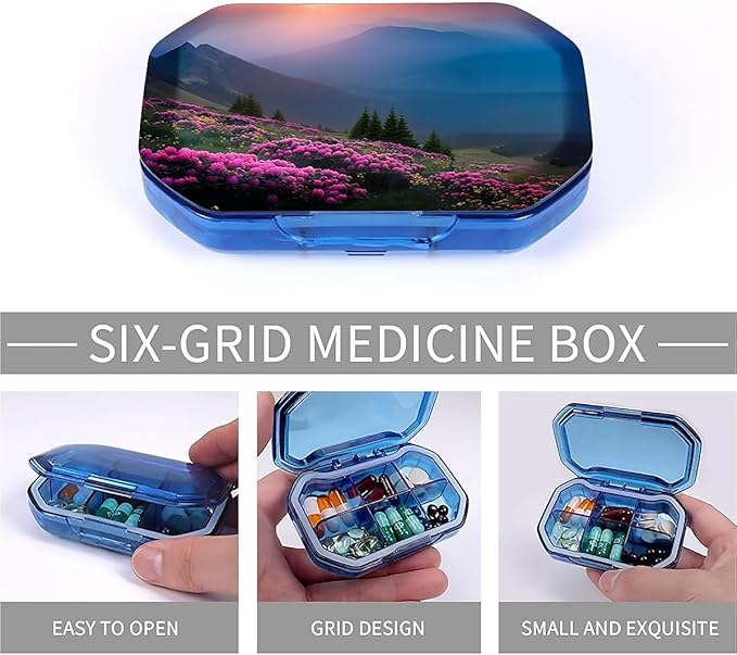 This Portable Pink Rhododendron Sunset Pattern 6-Compartment Pillbox Can Be Placed in A Pocket Or Wallet to Store Vitamins, Medicines Fish Oil Health Supplements Other Medications.