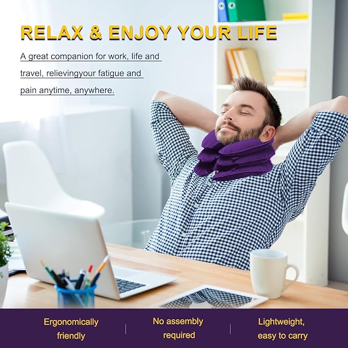 Neck Stretcher, Cervical Traction Device, Neck Traction Device, Cervical Neck Traction Device for Neck Pain Relief, Adjustable Inflatable Neck Brace, Neck Decompression Home Use (Purple)