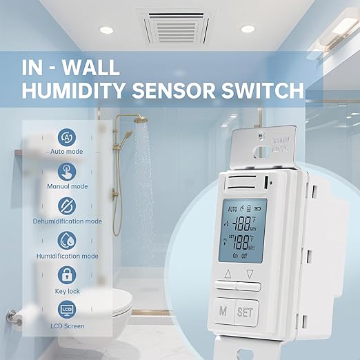 Smart Humidity Sensor Switch, Ortis Auto Bathroom Fan Control with Real-Time LCD Display, for Bathroom Basement Garage Moisture Protection, Neutral Wire Required