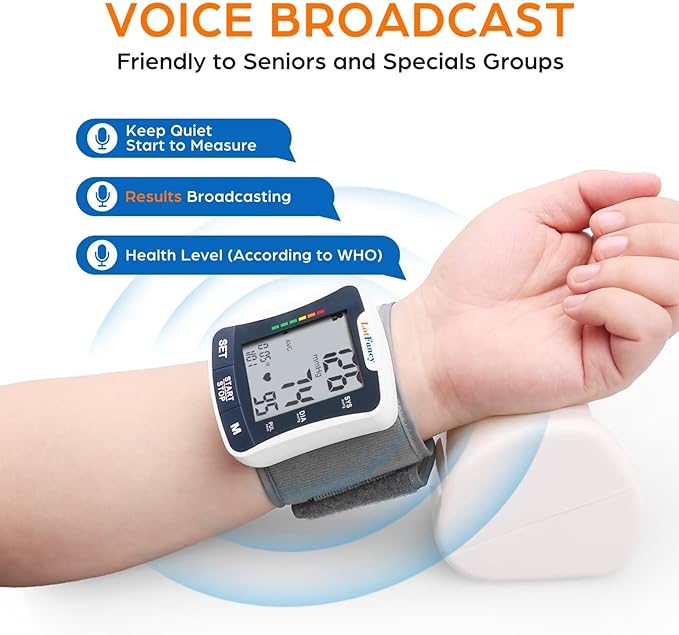 LotFancy Wrist Blood Pressure Monitor for Home Use with Voice Broadcast, Blood Pressure Machine Adjustable Wrist Cuff 5.3"-8.5", Automatic BP Cuff 120 Readings 2 User, Large LCD Display, Carrying Case