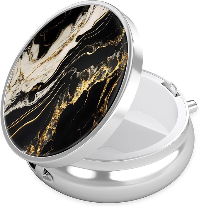 Black Gold Marble Pill Case, Pill Box 3 Compartments Metal Small Pill Holder with Mirror Mini Travel Pill Container for Purse Pocket Women Men