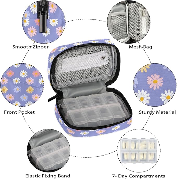 Cute Purple Daisies Pill Case Everyday Travel, 7 Day Weekly Medicine Pill Box Compact Portable Pills Bottle Organizer with Zipper for Daily Vitamin Medicine Holder Bottle Organizers Bag