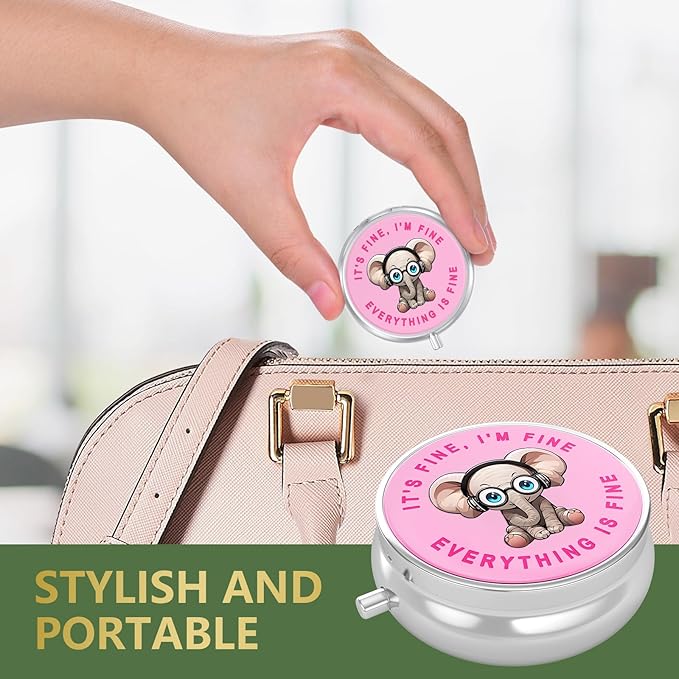 Nipichsha Pill Box, Small Pill Case for Purse & Pocket, Cute Travel Medicine Organizer, Portable Medicine Container Holder to Hold Vitamins, Medication, Fish Oil & Supplement, Pink Pretty Elephant