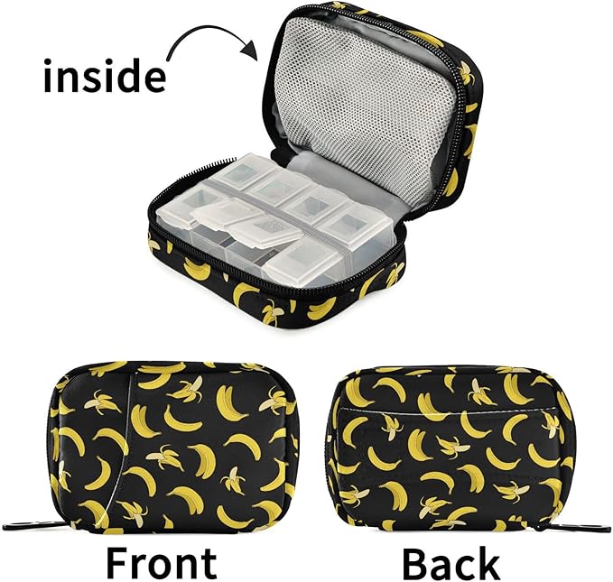 Ollabaky Yellow Banana Pill Organizer Travel Pill Cases Bag Portable Pill Container 7 Days Pill Box Organizer Vitamin Supplement Holder with Zipper for Family Business