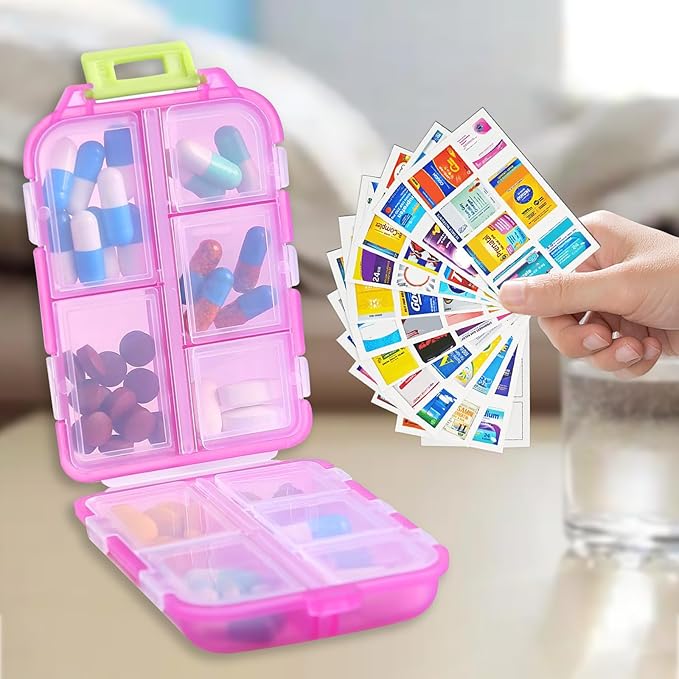 INVODA 7-Day Pill Organizer with Medicine Labels Travel Pill Case Compact, Portable Medication Organizer for Daily Use (3.7 x 2.4 x 1.18 Inches)