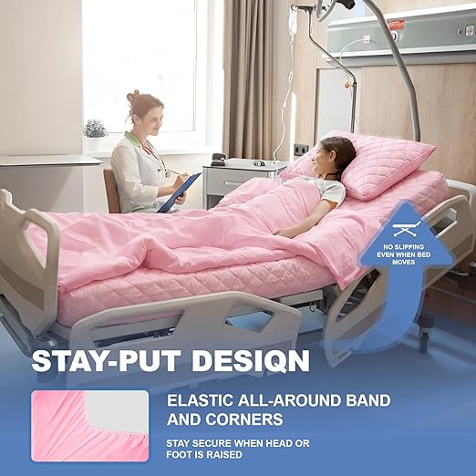 Lounsweer 3 Piece Hospital Bed Sheet Set, Pink Waterproof Bed Sheet Set, Incontinence Protection for Home and Hospital Use, Include 1 Fitted 36" x 84" x 12" 1 Flat and 1 Pillowcase