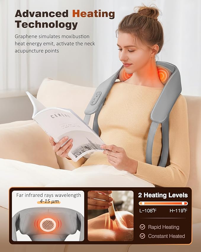KNQZE Neck and Shoulder Massager with Heat, Cordless Back and Neck Massager, Upgraded Graphene Heating, 4D Shiatsu Deep Kneading Massage for Shoulder, Back Pain Relief (Gray)