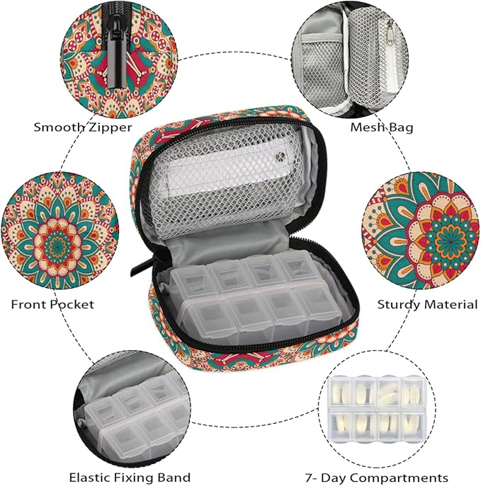 Boho Pattern Mandala Pill Case Everyday Travel, 7 Day Weekly Medicine Pill Box Compact Portable Pills Bottle Organizer with Zipper for Daily Vitamin Medicine Holder Bottle Organizers Bag