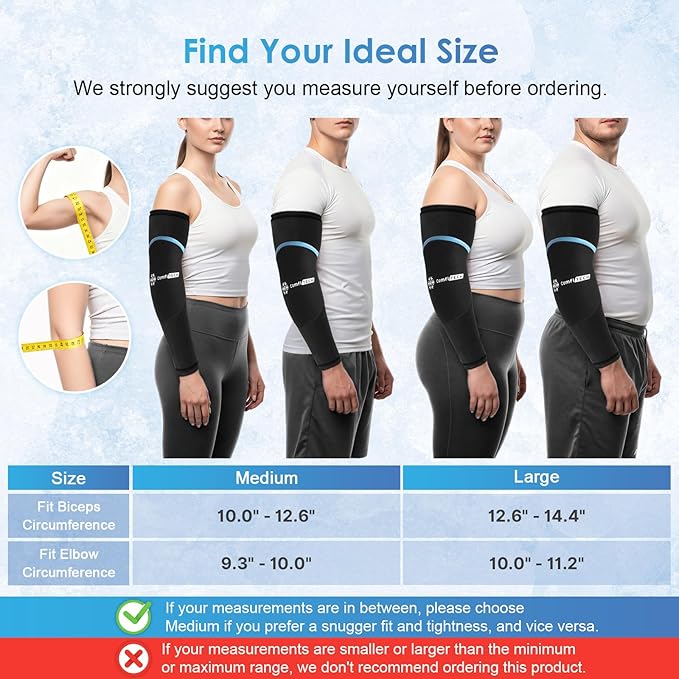 ComfiTECH Dual-Gel Full Arm Ice Pack Wrap with Extended 30-Min Cooling for Elbow, Detachable Cold Pack & Flexible Gel Ice Sleeve for Volleyball, Tennis Recovery, Muscle Relaxation, Medium, 2 Packs