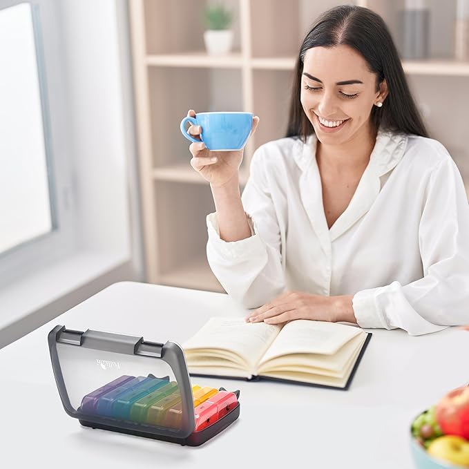 Fullicon Extra Large AM PM Pill Box Organizer 7 Day, Travel Medicine Pill Organizer 2 Times a Day, Large Supplement Vitamin Dispenser, Weekly Jumbo Pill Case Container for Purse (Black Rainbow)