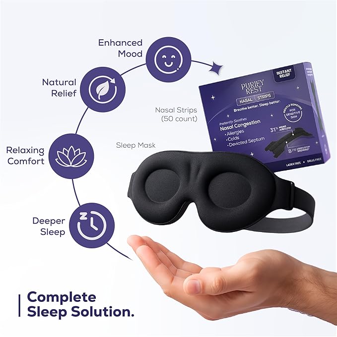 Sleep Mask & Nasal Strips Bundle | Soft Light-Blocking Eye Mask + 50 Drug-Free Nasal Strips for Snoring Relief | Comfortable Fit | Breathe Easier | Sleep Better | Black