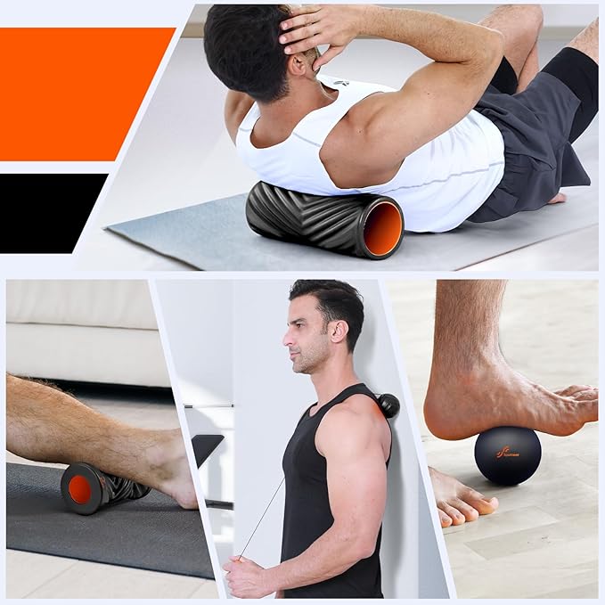 Sportneer 4 in 1 Foam Set, Muscle Relax Kit with 2 Textured Foam Pilates Rollers, Stringed Exercise Ball, Lacrosse Ball for Muscle Shoulder Back Leg Whole Body Relax Fitness Yoga