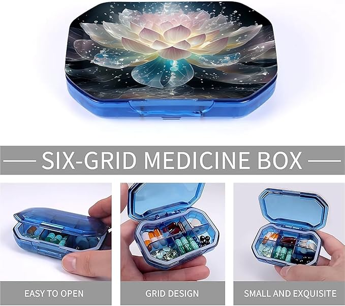 This Portable Crystal Lotus Flower Pattern 6 Compartment Pill Box Can Be Placed in A Pocket Or Wallet to Store Vitamins, Medicines Health Supplements Other Medications.